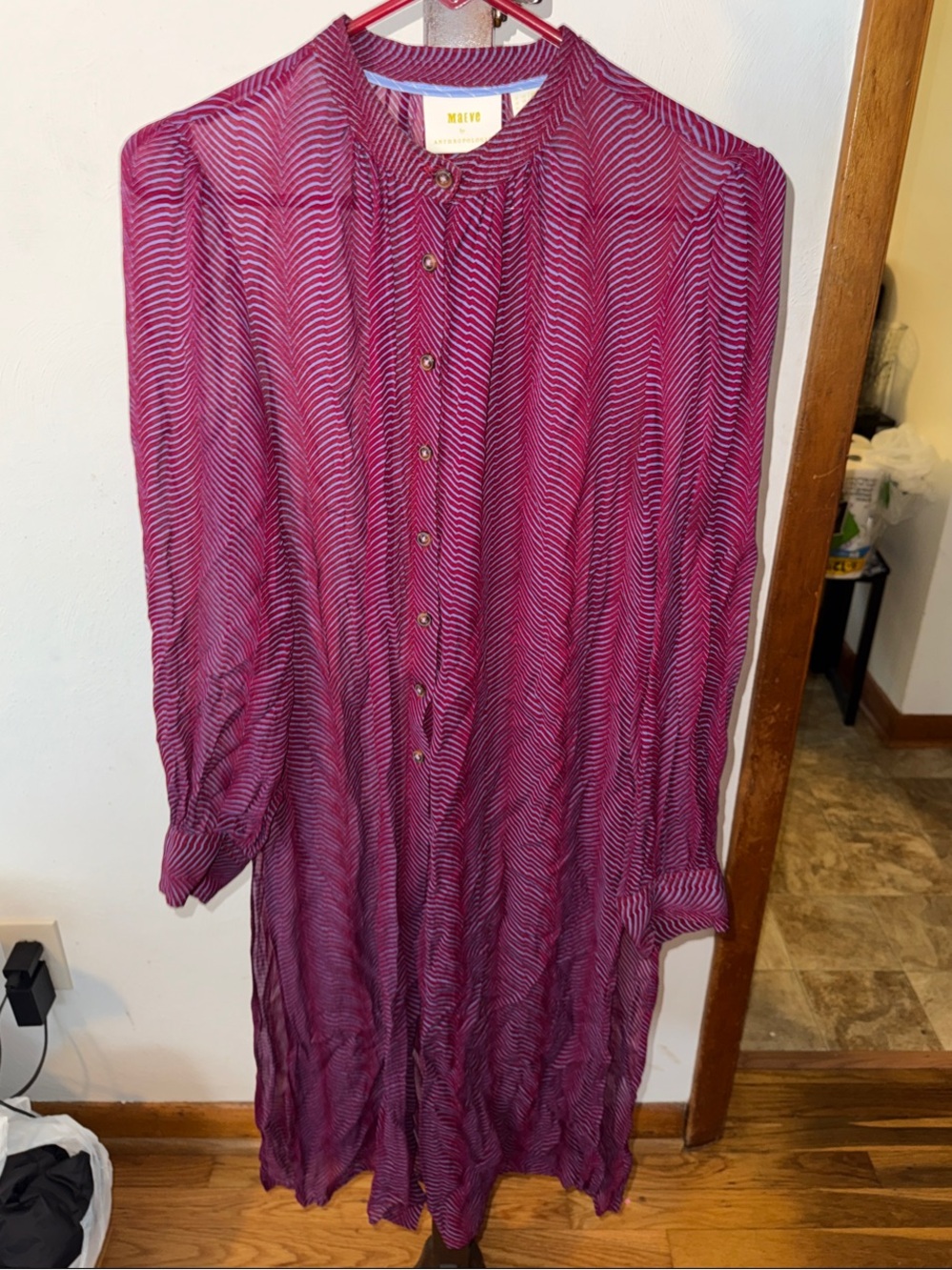 Anthropologie Purple and Black Sheer Button-Front Midi Dress